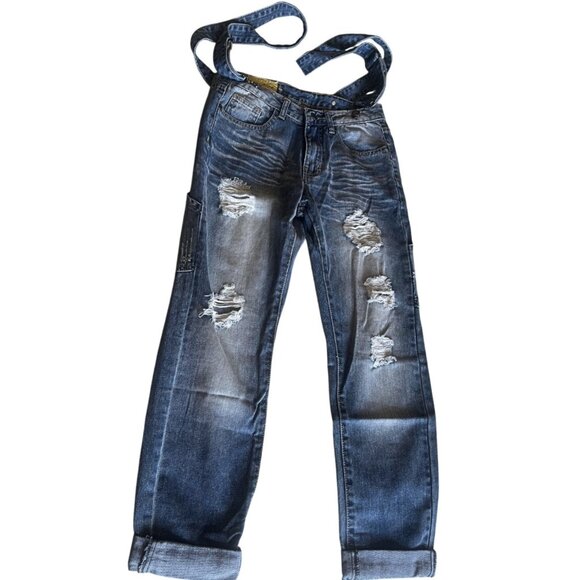 MACHINE Nouvelle Mode Women's Distressed Suspender Cotton Shredded Jeans Size 26 - Picture 4 of 7